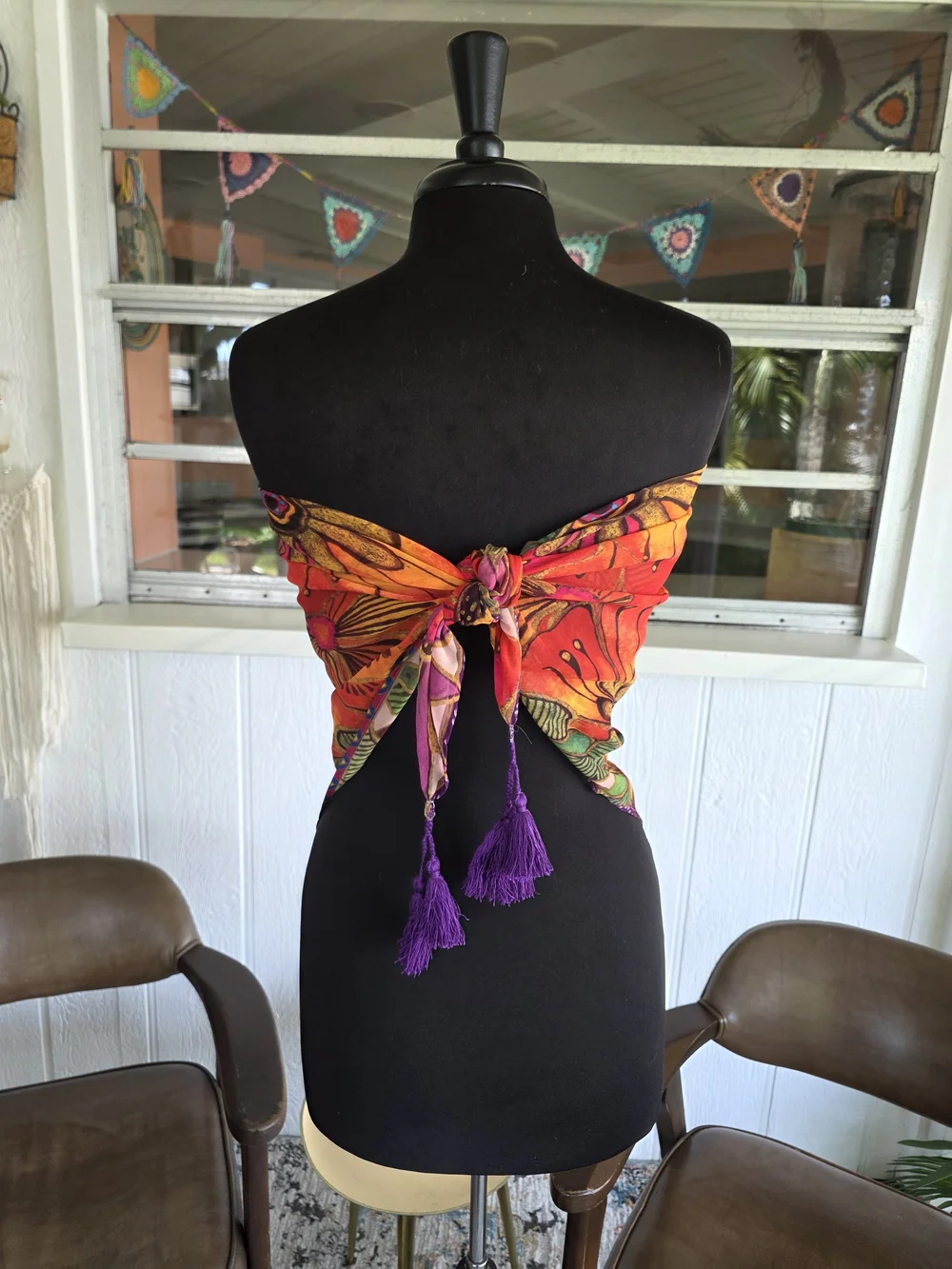 Laurel Burch Mandala Sheer Scarf Orange, Purple & Pink Floral Tassel Scarf